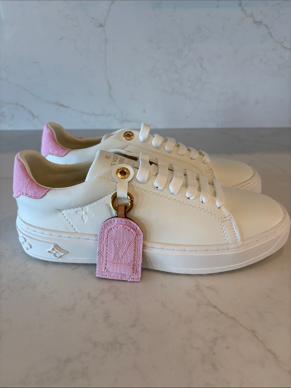 White Leather Sneakers with Pink Heel Tabs and Tag